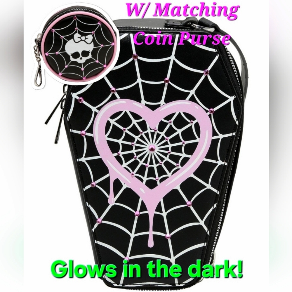 NWT Monster High Coffin Draculaura Glow-In-The-Dark Rhinestone Bag & Wallet